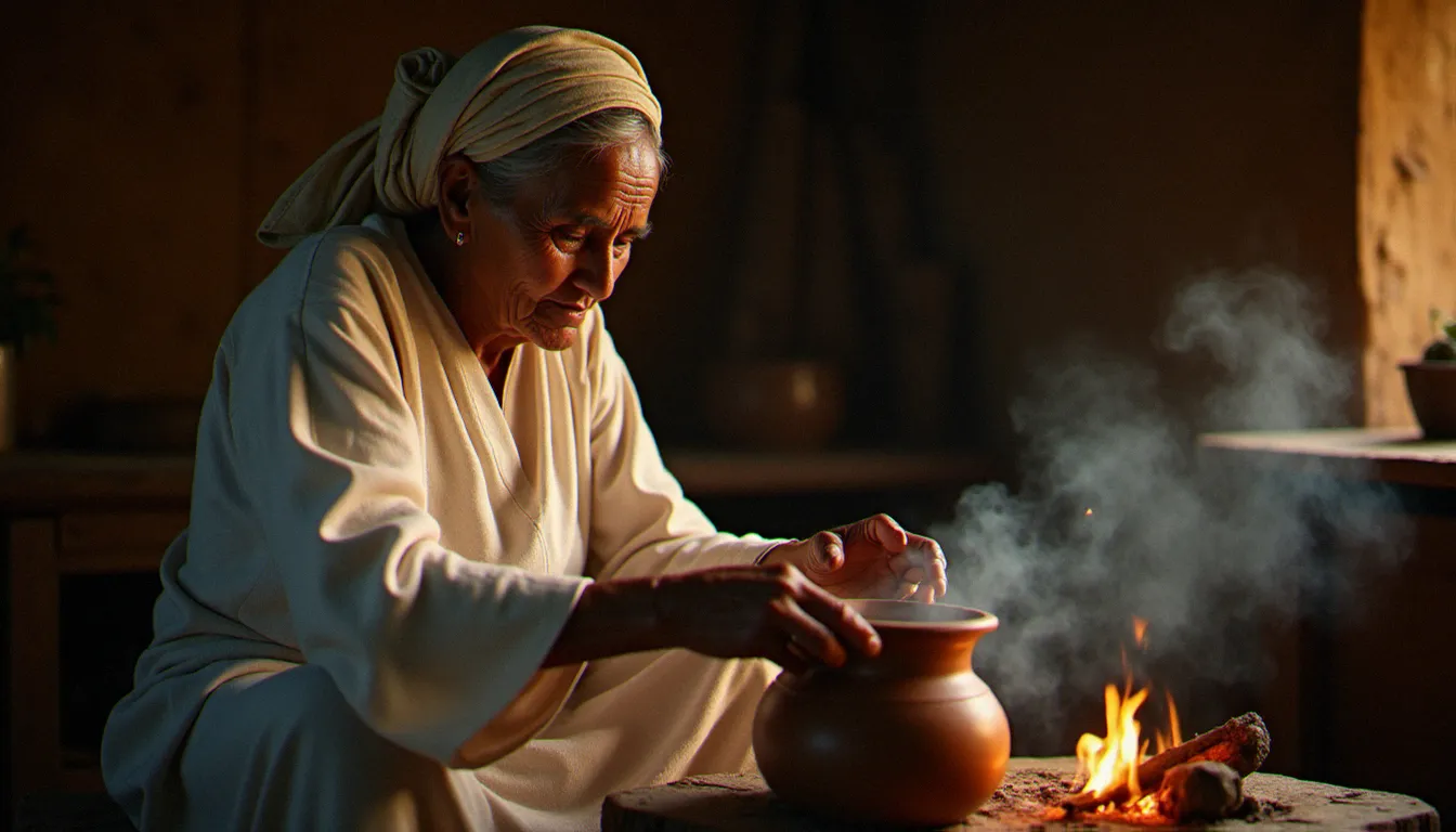 Femme éthiopienne âgée en tenue traditionnelle surveillant la distillation artisanale de l'areke dans une jarre en argile sur feu de bois dans une maison des hauts plateaux éthiopiens