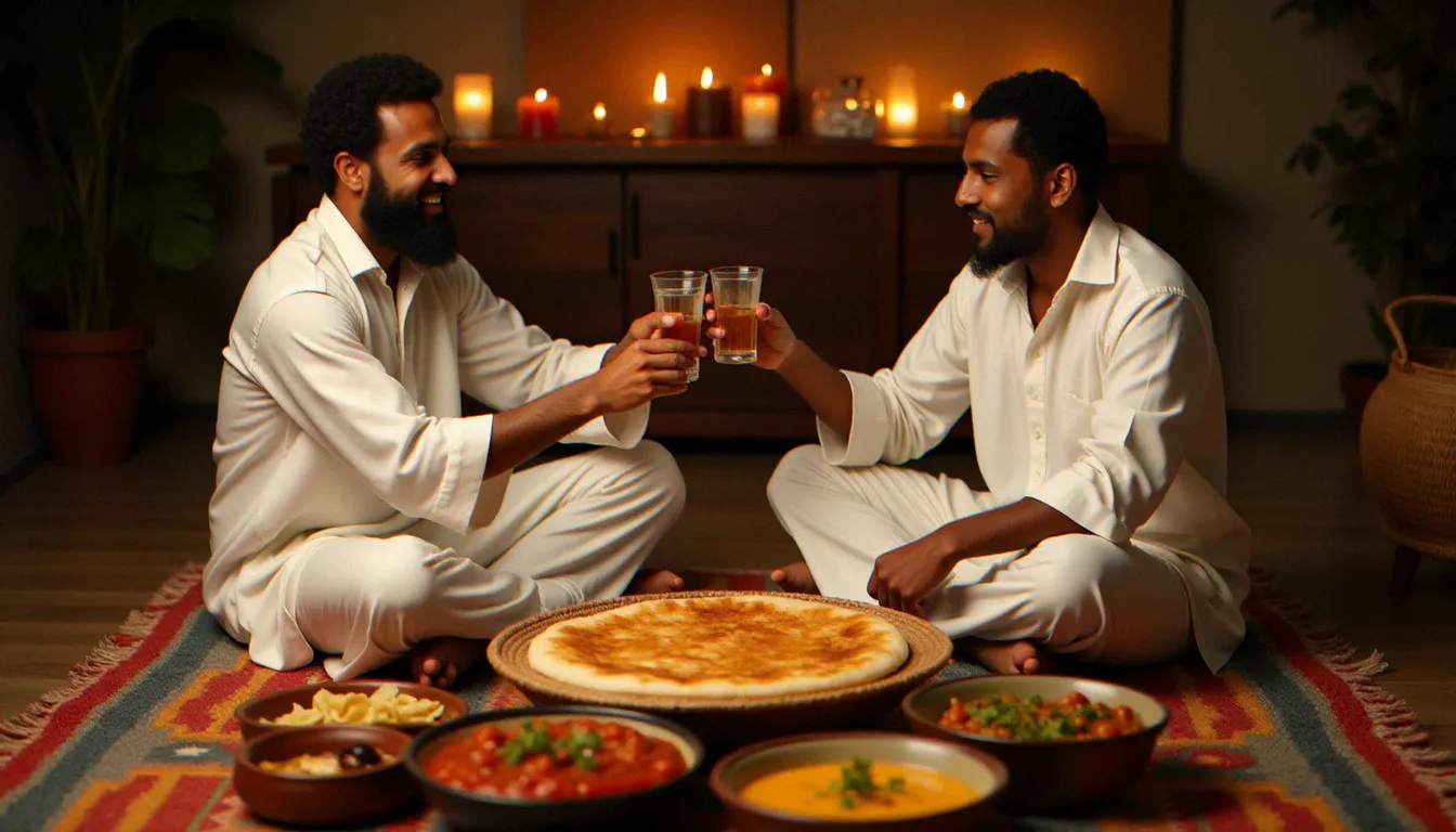 Deux hommes éthiopiens en tenue traditionnelle portant un toast à l'areke dans des verres berele, entourés d'injera et de plats colorés lors d'une fête familiale éthiopienne