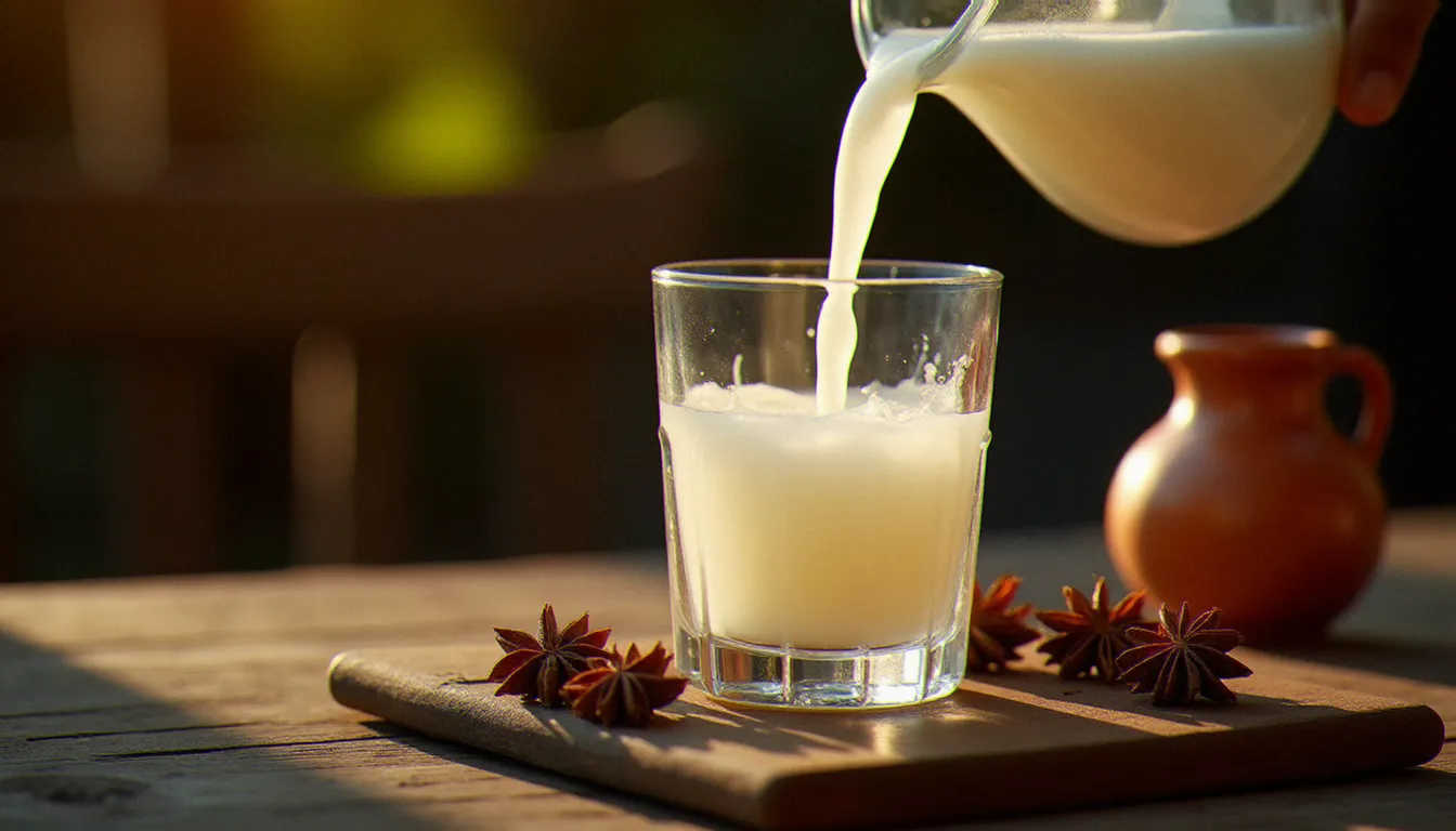 Verre d'arak (boisson) devenant laiteux au contact de l'eau glacée, posé près d'une cruche en argile éthiopienne et d'étoiles d'anis séchées