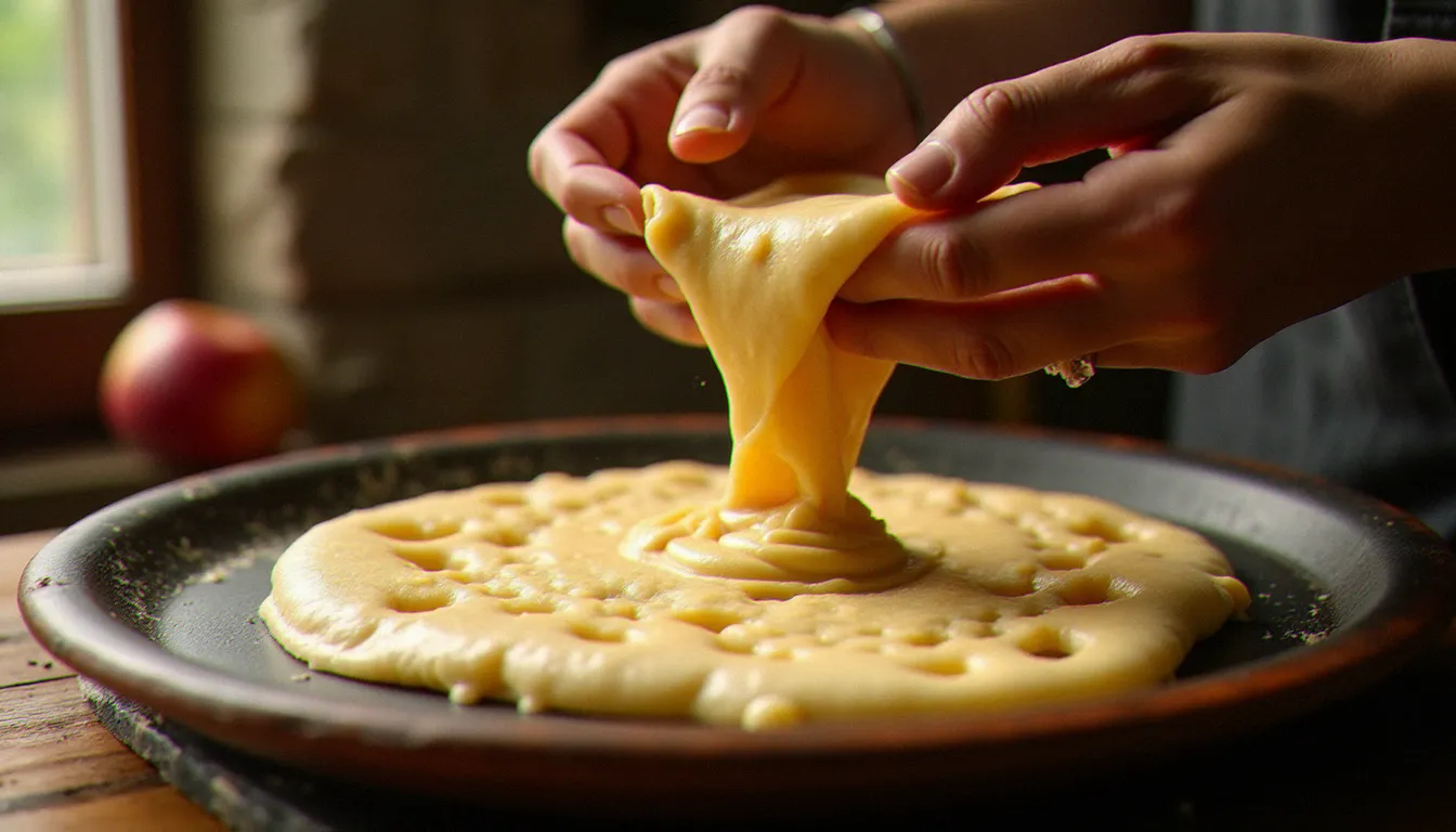 Mains d'une femme éthiopienne versant la pâte de teff fermentée sur un mitad en argile traditionnel pour cuire une injera, témoignant du savoir-faire lié à l'argile dans la cuisine éthiopienne