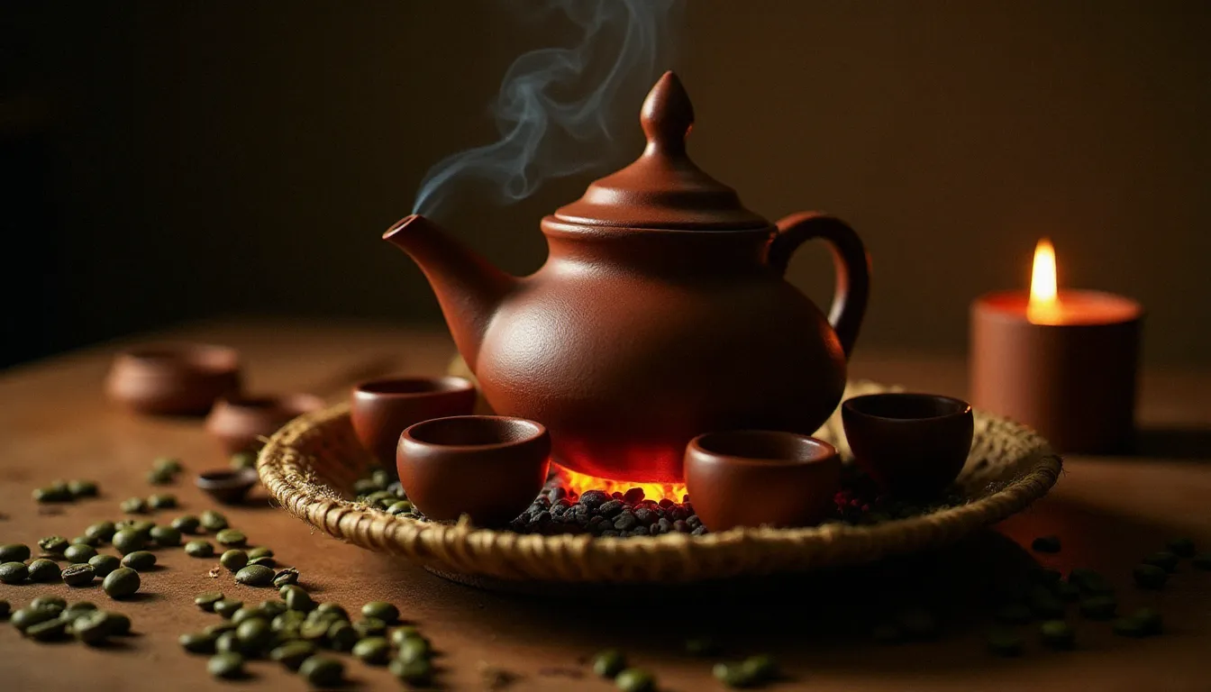 Jebena traditionnelle éthiopienne en argile noire posée sur des braises, entourée de petites tasses à café et d'encens lors d'une cérémonie du café, symbole du rôle de l'argile dans la culture éthiopienne
