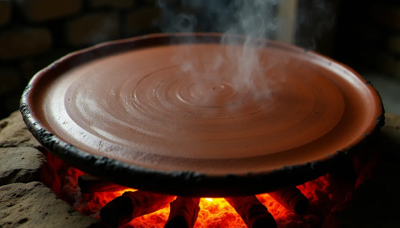 Plaque de cuisson traditionnelle éthiopienne en argile, le mitad, posée sur des braises ardentes dans une cuisine rustique, illustrant l'usage ancestral de l'argile dans la gastronomie éthiopienne