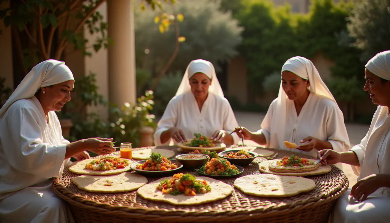 Repas communautaire traditionnel Beta Israel lors de la fête du Sigd en Israël, avec injera et wots disposés sur un mesob en osier tressé