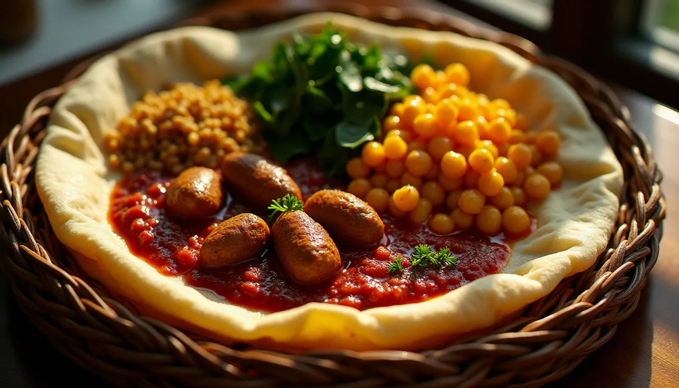Vue de dessus d'un plateau éthiopien traditionnel avec fonds d'artichaut braisés au berbère disposés sur injera, entourés de lentilles et légumes épicés colorés