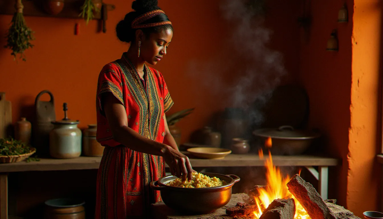 Femme éthiopienne en robe traditionnelle habesha préparant un ragoût d'artichaut au berbère dans une cuisine aux murs ocre éclairée par le feu de bois