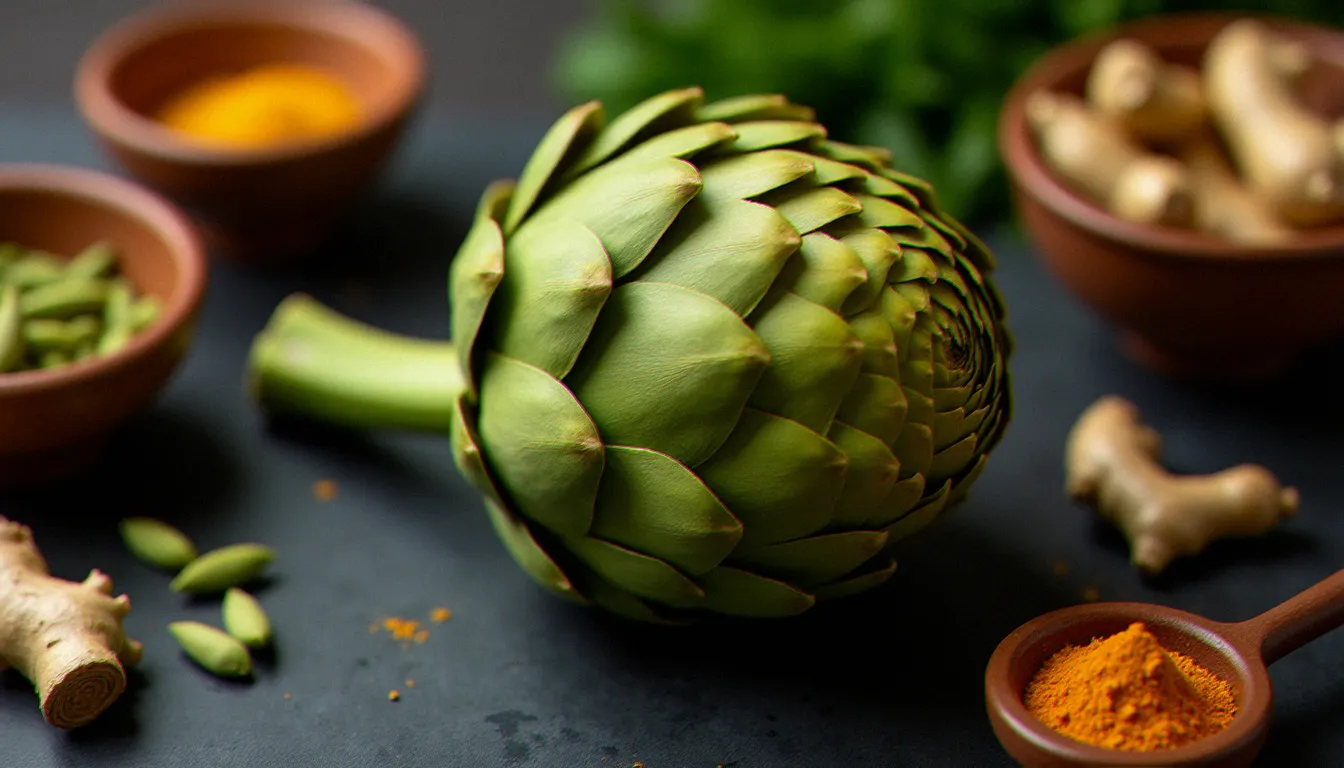 Artichaut frais entier posé sur une ardoise sombre entouré d'épices éthiopiennes berbère, cardamome verte et curcuma dans de petits bols en argile