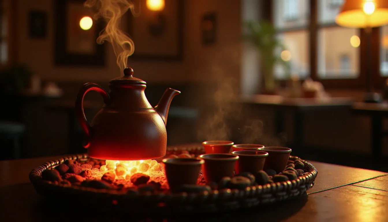 Cérémonie du café éthiopien bunna maflat dans un restaurant parisien, jebena en terre cuite sur braises et petites tasses traditionnelles, moment spirituel au cœur du repas éthiopien