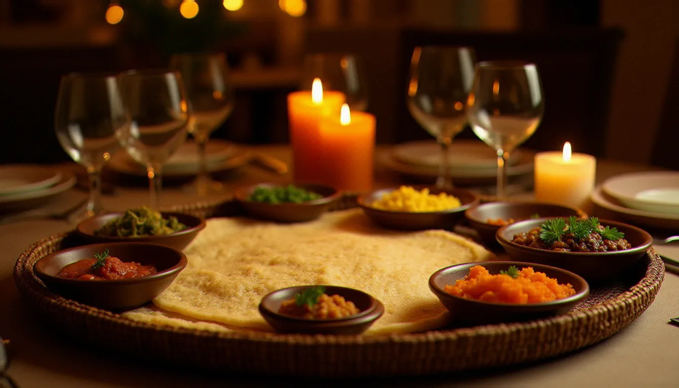 Table éthiopienne traditionnelle à Paris avec injera et ragoûts épicés, illustrant la rencontre entre culture ashkénaze et cuisine éthiopienne