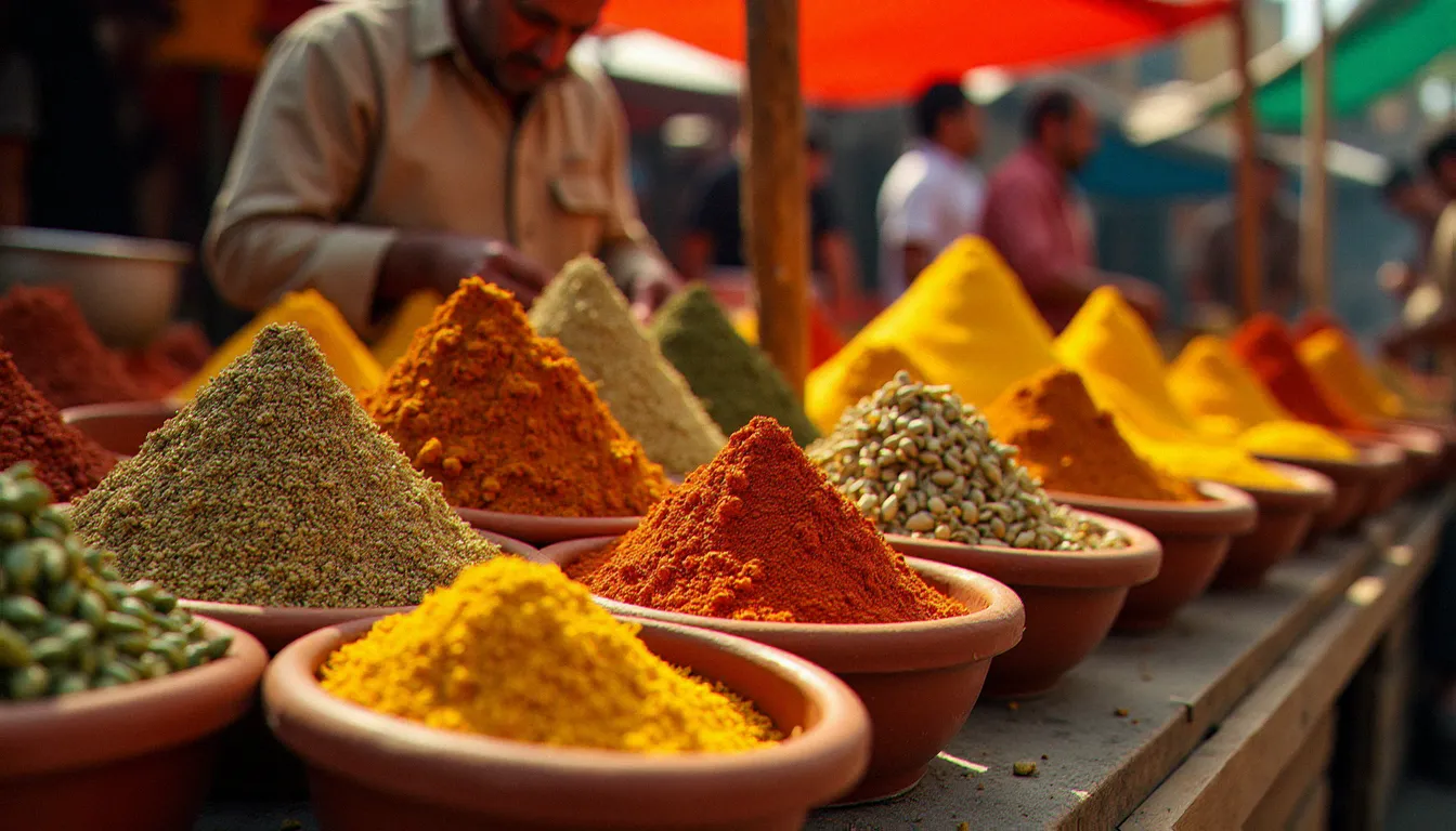 Étal coloré du marché aux épices de Samarkand en Asie centrale montrant cumin, cardamome et fenugrec, épices communes à la cuisine éthiopienne et aux traditions culinaires d'Asie centrale