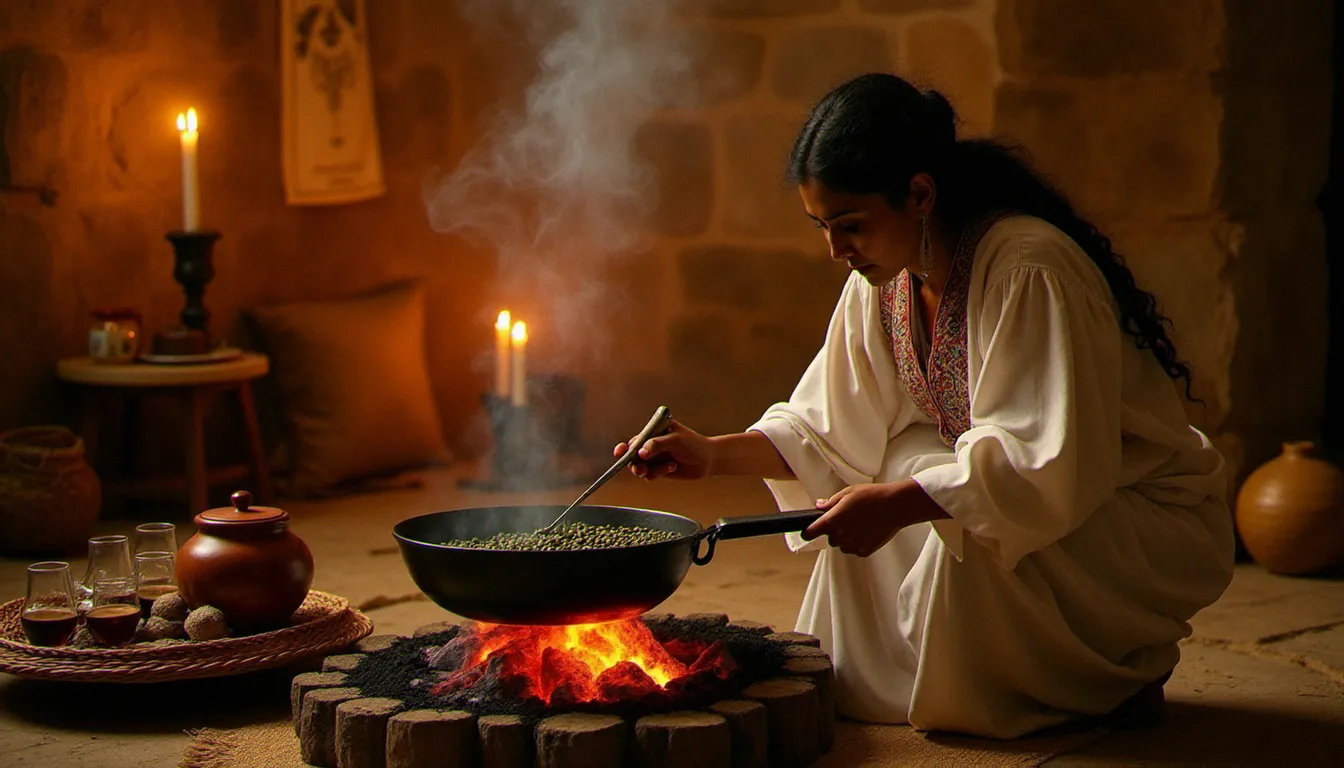 Cérémonie traditionnelle éthiopienne du café buna avec torréfaction artisanale des grains verts et service en petits verres, rituel de convivialité partagé entre l'Éthiopie et les traditions d'hospitalité d'Asie centrale