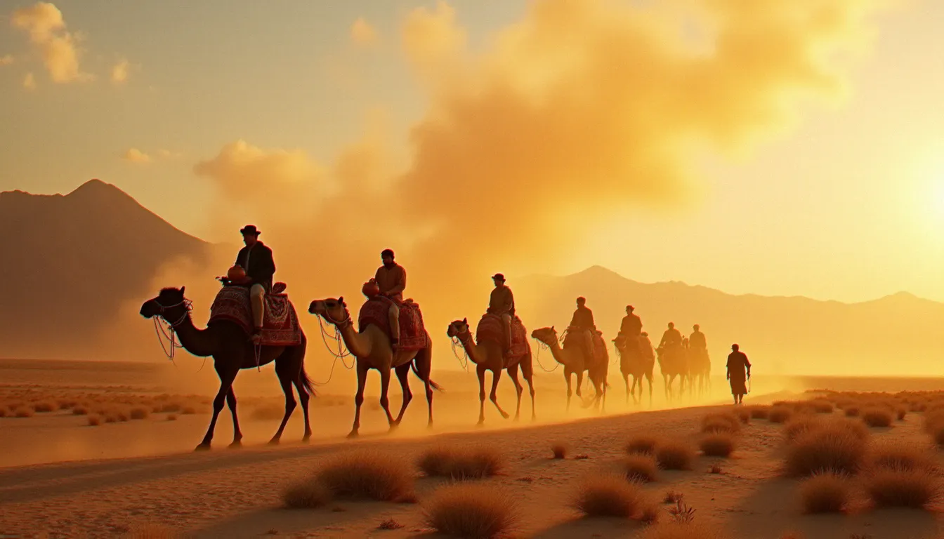 Caravane de marchands traversant les steppes d'Asie centrale sur la route des épices, illustrant les routes commerciales ancestrales qui reliaient l'asie centrale à l'Éthiopie