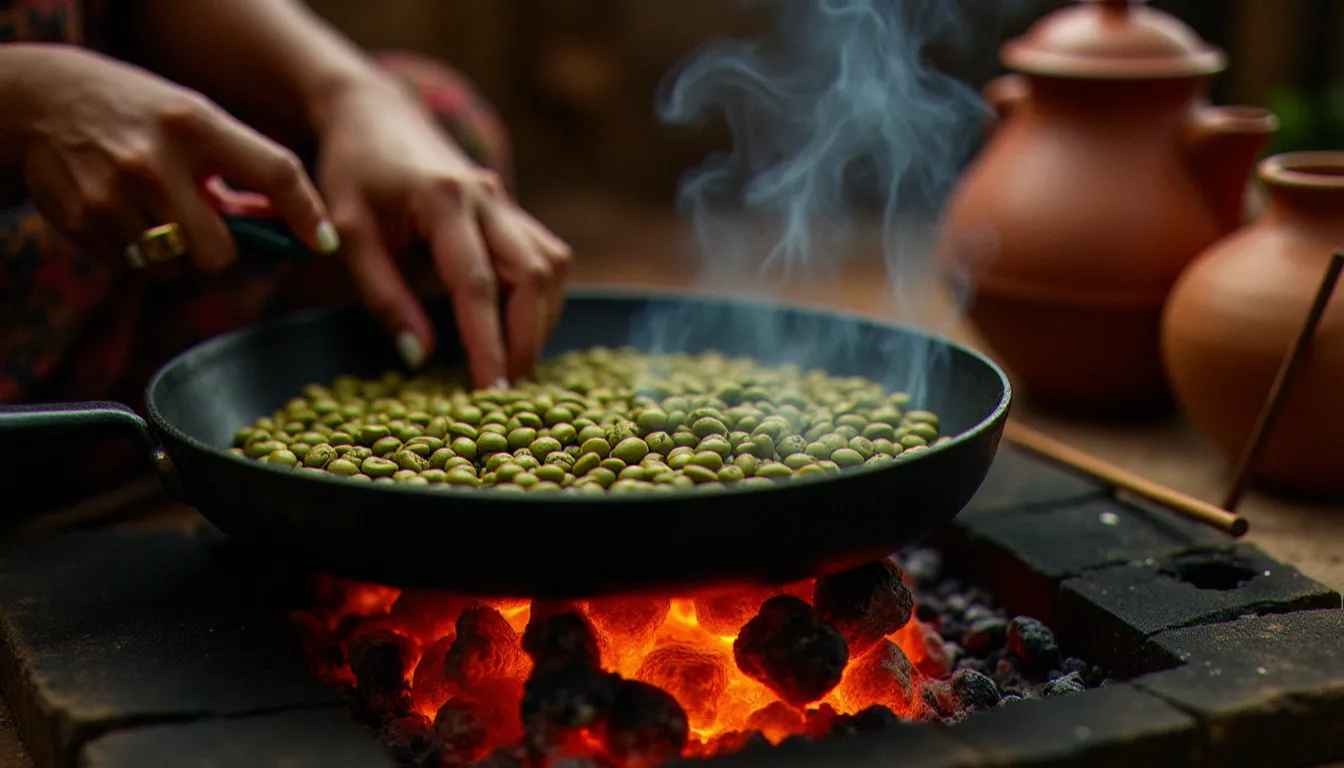 Mains féminines éthiopiennes torréfiant des grains de café vert sur braise avec un encensoir, évoquant la cérémonie du café et ses liens culturels avec les traditions caféières de l'asie de l'ouest