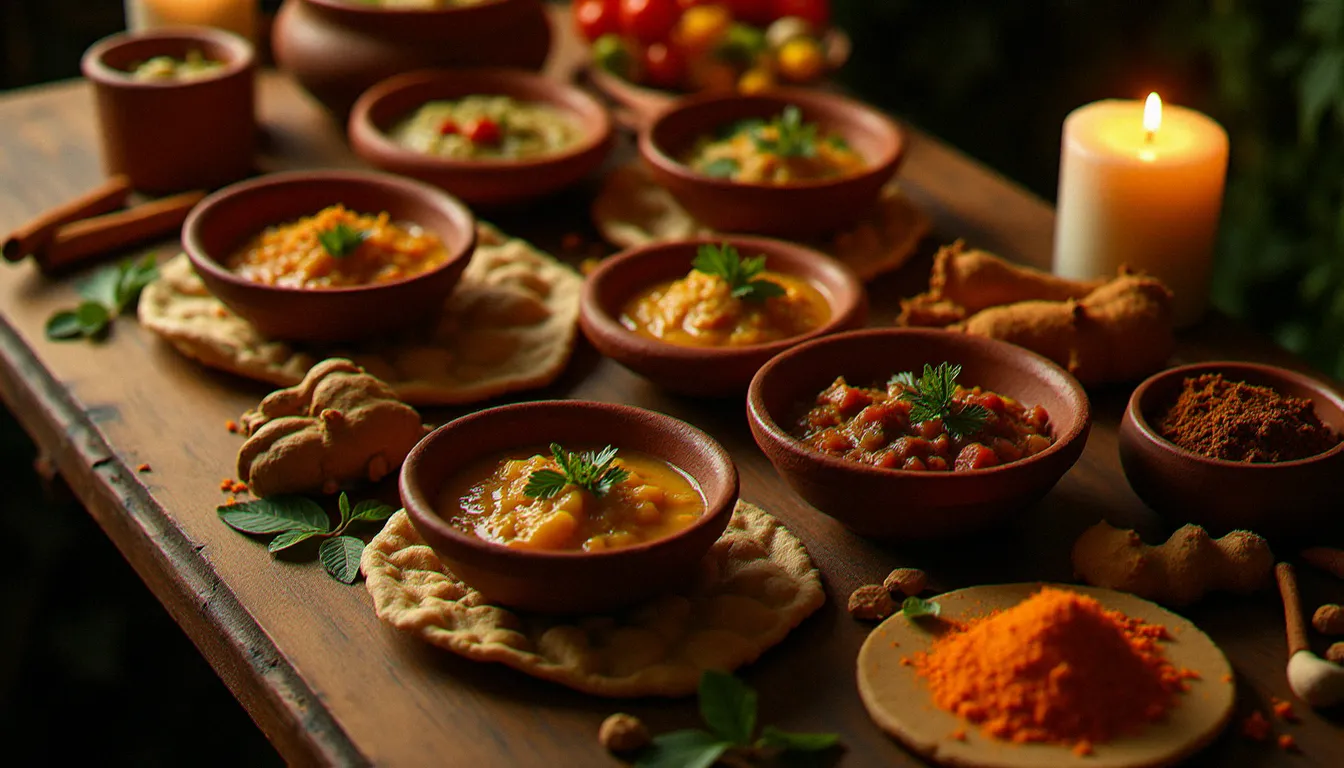 Table éthiopienne traditionnelle avec wots épicés sur injera, entourée d'épices entières dont la cardamome et le gingembre originaires d'Asie du Sud