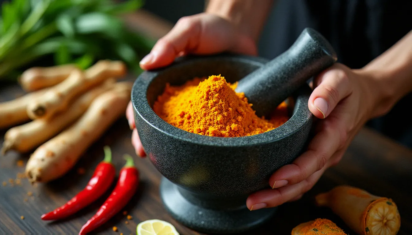 Mains préparant une pâte d'épices traditionnelle d'Asie du Sud-Est dans un mortier en granit, entouré de curcuma frais, de galanga, de citronnelle et de piments séchés disposés sur un bois sombre