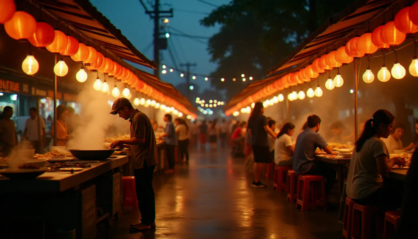 Marché de nuit animé en Asie du Sud-Est sous des lampions rouges et oranges, avec des stands de street food illuminés, des vendeurs cuisinant au wok sur charbon de bois et des clients partageant leurs repas en famille