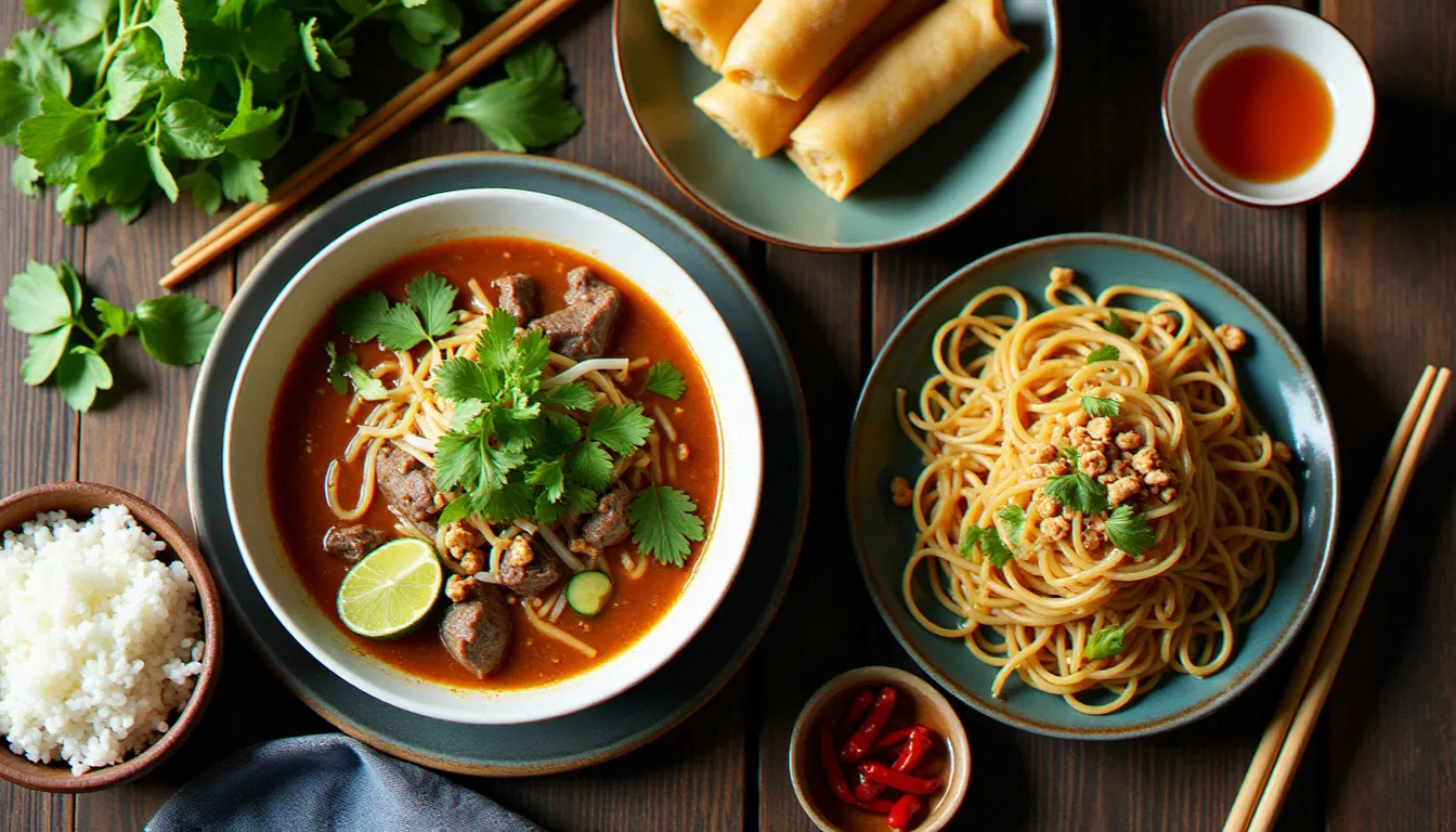 Assortiment de plats traditionnels d'Asie du Sud-Est incluant un phở vietnamien fumant, un pad thaï aux cacahuètes et des rouleaux de printemps frais, photographiés en vue du dessus sur une table en bois rustique
