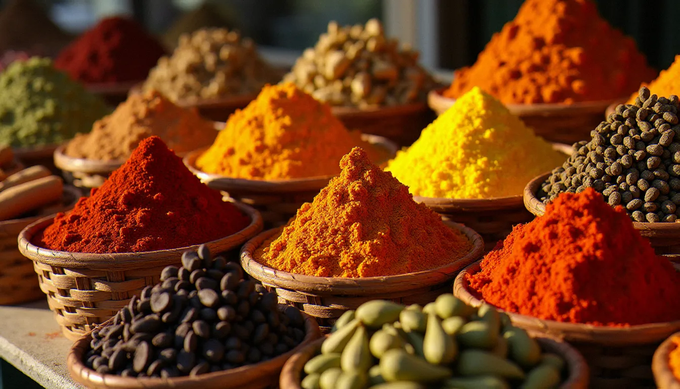 Marché aux épices éthiopien avec berbéré rouge, cardamome verte et curcuma doré, épices communes à l'Asie du Sud et à l'Éthiopie