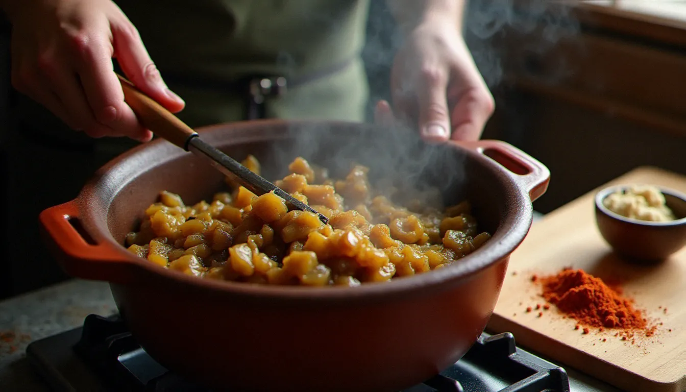 Préparation artisanale d'un ragoût d'aubergine éthiopien dans une marmite en argile, oignons caramélisés et épices berbéré en cuisine traditionnelle