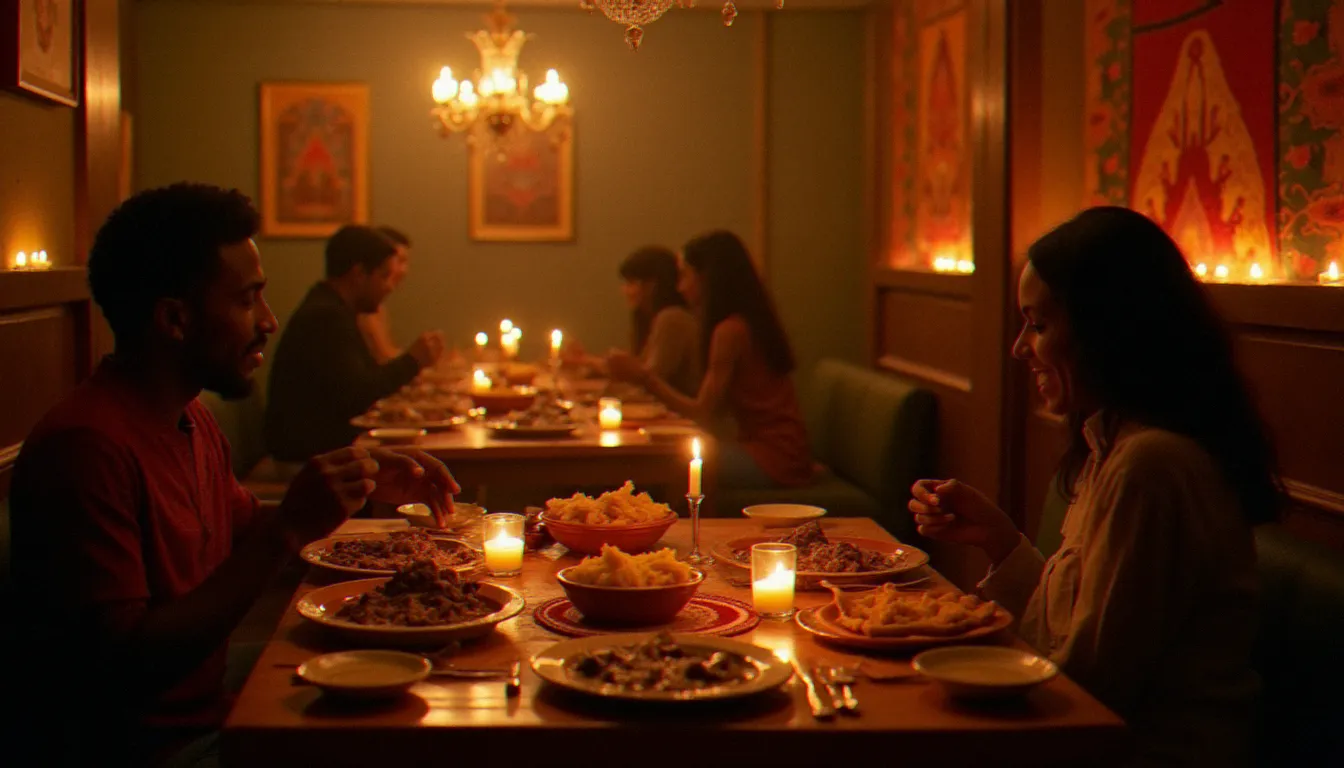 Table dressée dans un restaurant éthiopien à Paris avec plusieurs préparations à base d'aubergine et injera, décoration en tissu tibeb traditionnel aux murs