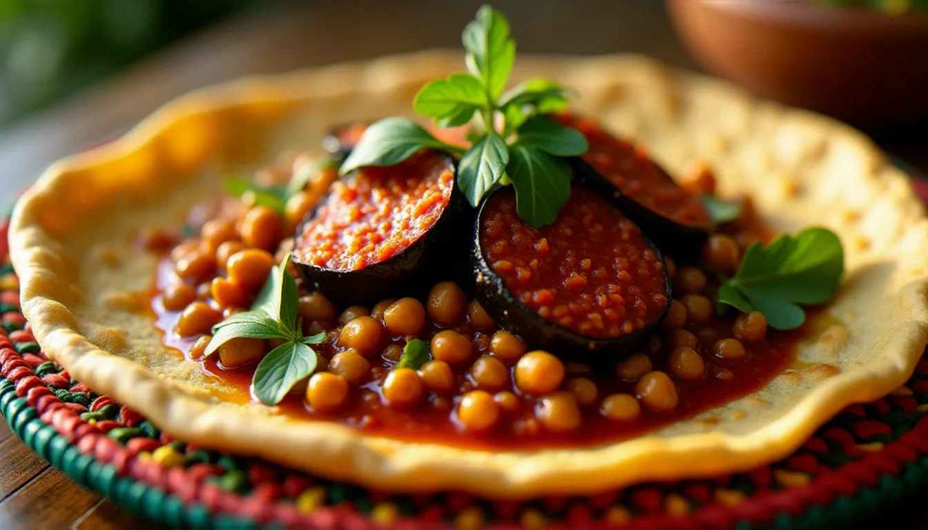 Plat traditionnel éthiopien beyaynetu avec ragoût d'aubergine au berbéré posé sur de l'injera, servi dans un mesob tressé coloré