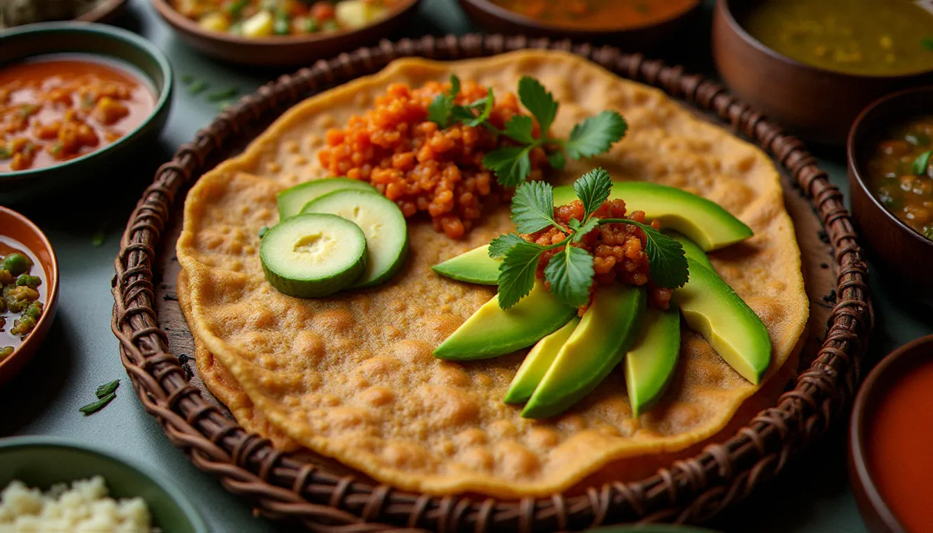 Vue aérienne d'un plateau d'injera éthiopien garni de lamelles d'avocat (fruit) et de divers ragoûts colorés dans une ambiance de repas festif