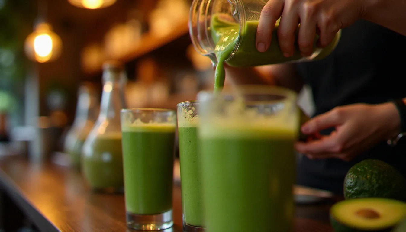 Intérieur d'un café éthiopien parisien avec un blender rempli de smoothie à l'avocat (fruit) vert crémeux et des verres de jus de fruits multicouches en cours de préparation