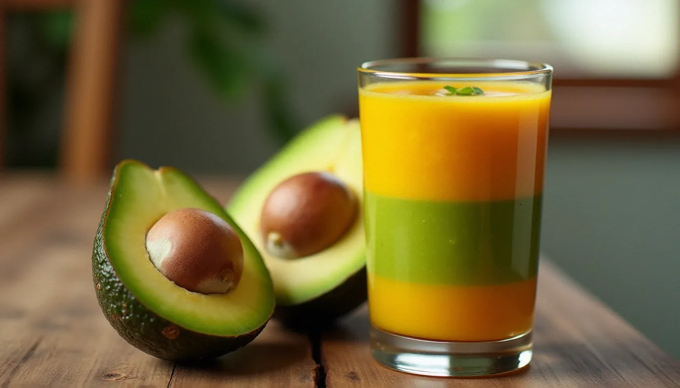 Un avocat (fruit) coupé en deux posé à côté d'un verre de spris éthiopien multicouche vert et orange sur une table en bois rustique
