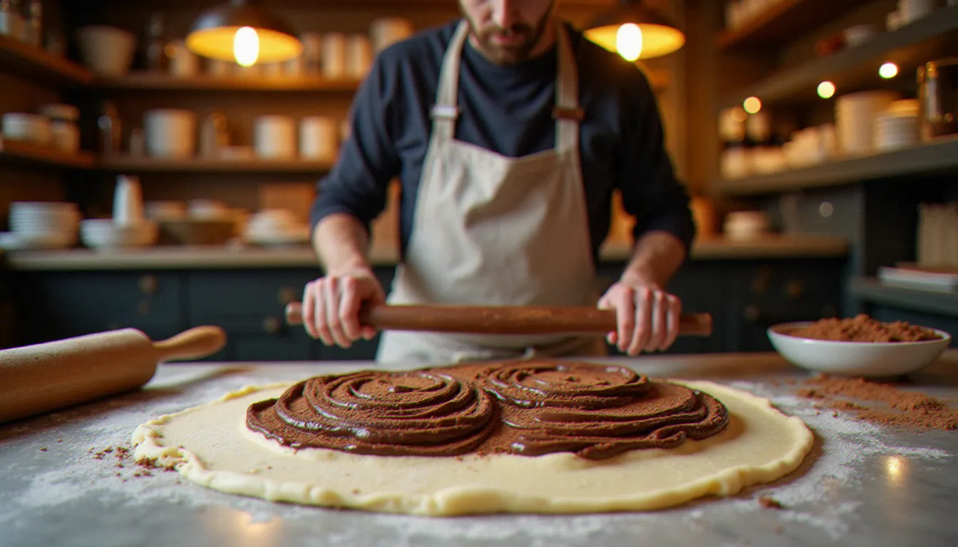 Mains d'un boulanger en train d'étaler la pâte à babka garnie de chocolat sur un plan de travail en marbre fariné dans une boulangerie parisienne