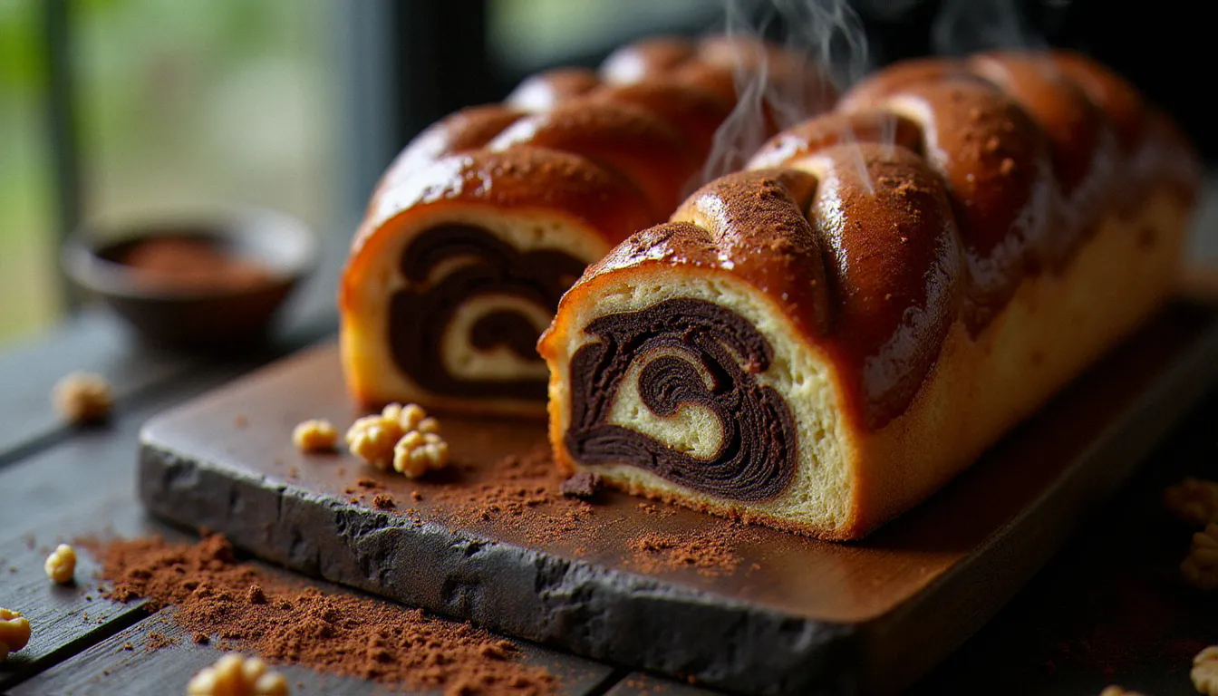 Babka au chocolat fraîchement cuite sur une planche en bois, tranchée pour révéler ses couches tressées de pâte briochée dorée et de chocolat noir fondu