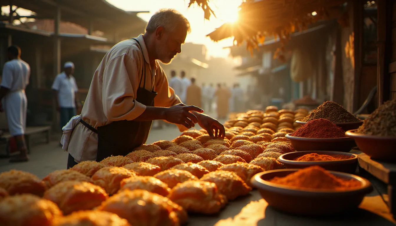 Marchand de baklava et pâtisseries orientales au marché traditionnel de Harar en Éthiopie, entouré d'épices colorées dans des bols en argile
