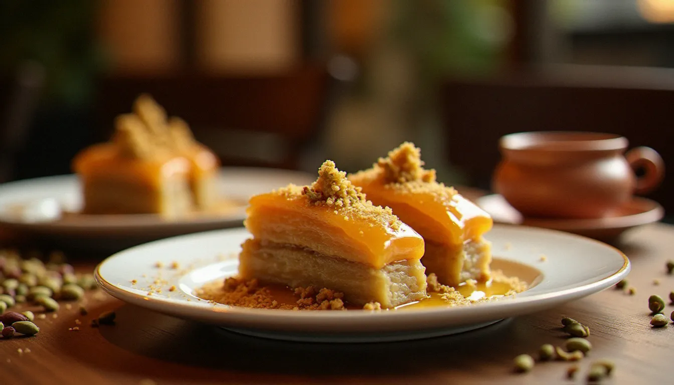 Baklava éthio-méditerranéen nappé de miel d'acacia servi avec un café de cérémonie éthiopien dans une tasse en argile traditionnelle, cardamome et pistaches en décoration