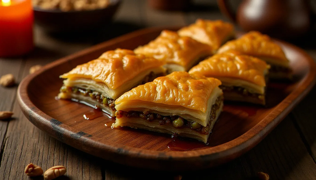 Baklava doré aux pistaches et noix disposé sur un plateau en bois sculpté éthiopien, nappé de sirop de miel d'acacia ambré