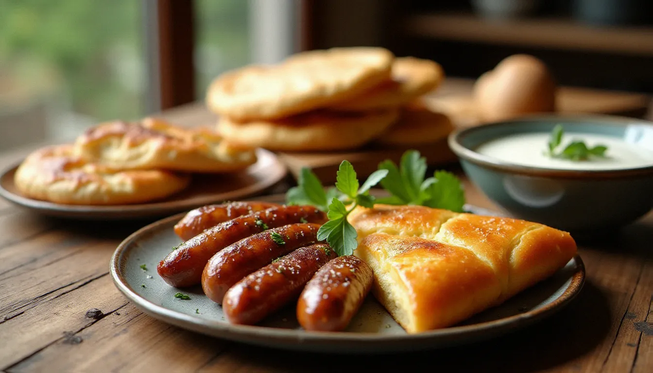 Table servie avec les grands classiques de la cuisine des Balkans, incluant burek doré, ćevapi grillés et tarator au yaourt frais