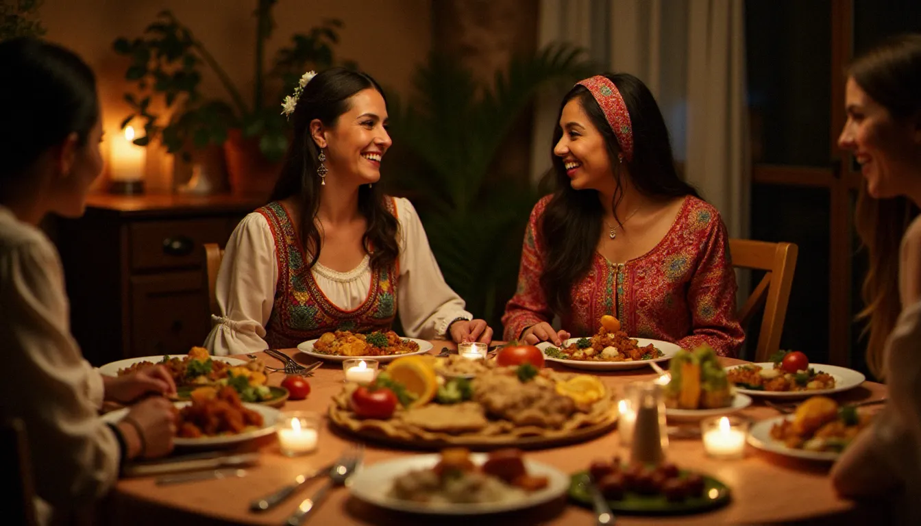 Repas communautaire chaleureux partagé entre femmes des cultures balkaniques et éthiopiennes autour d'une grande table ornée d'injera et de mets traditionnels