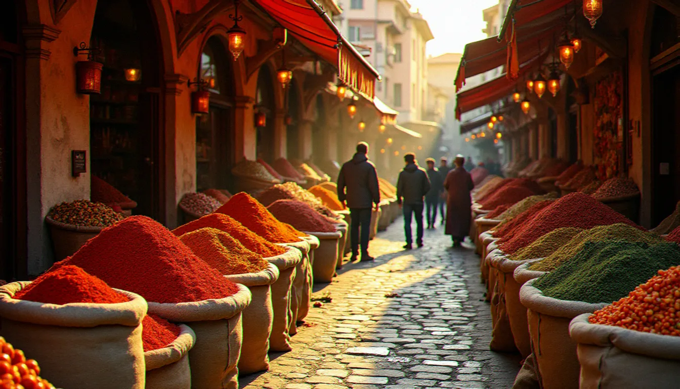 Marché traditionnel des Balkans avec des épices colorées en abondance, évoquant la richesse des saveurs balkaniques au coucher du soleil
