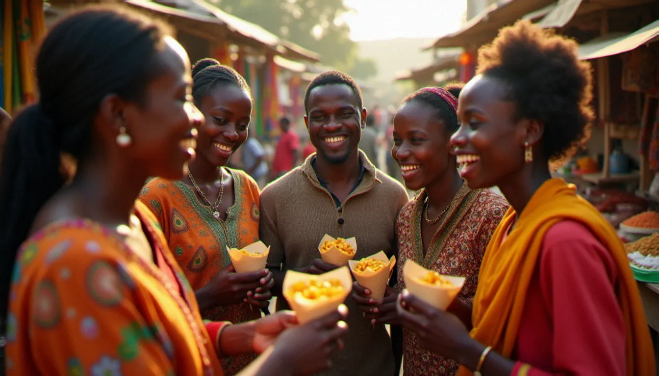 Groupe de personnes éthiopiennes de différents âges partageant des cornets de bamba snack dans l'ambiance chaleureuse et colorée d'un marché en plein air animé d'Addis-Abeba