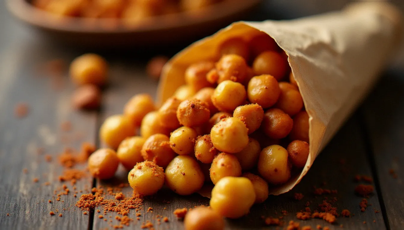 Cornet de bamba snack éthiopien traditionnel en papier kraft contenant des pois chiches grillés et épicés au berbéré rouge, posé sur une table de marché en bois