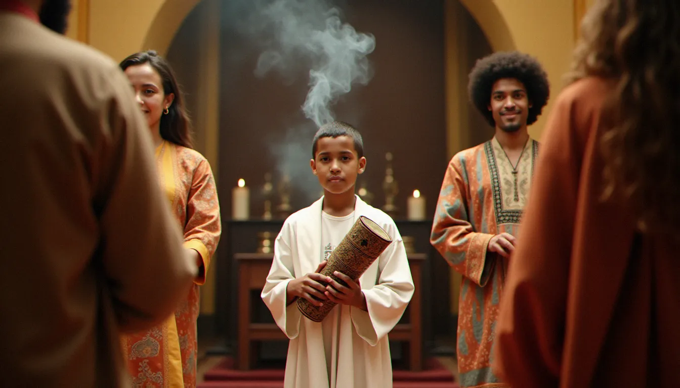 Cérémonie de bar mitzvah de la communauté Beta Israel avec un jeune garçon en shamma blanc tenant un étui à Torah brodé, entouré de sa famille en tenue traditionnelle éthiopienne
