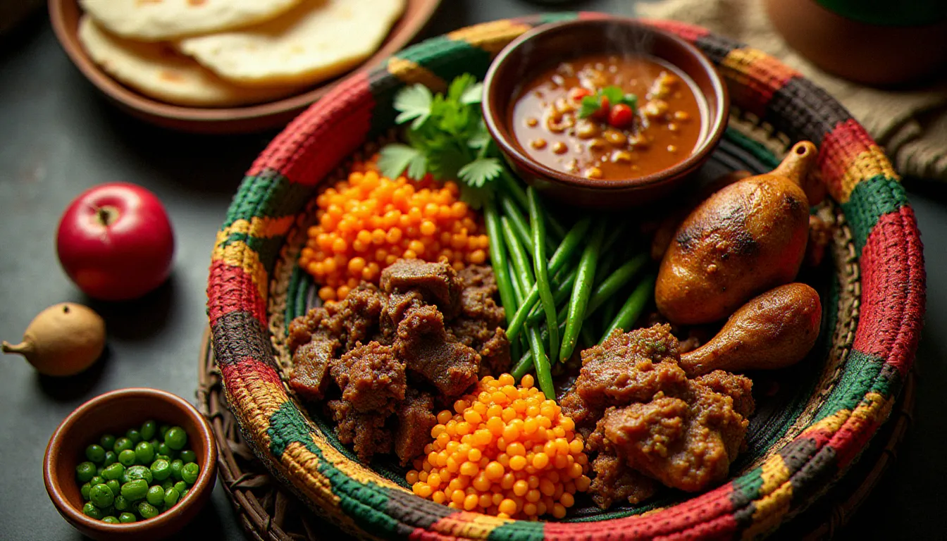 Vue de dessus d'un festin éthiopien de célébration avec doro wat, tibs, lentilles misir et injera frais disposés sur un panier mesob tressé, idéal pour une réception de bar mitzvah conviviale