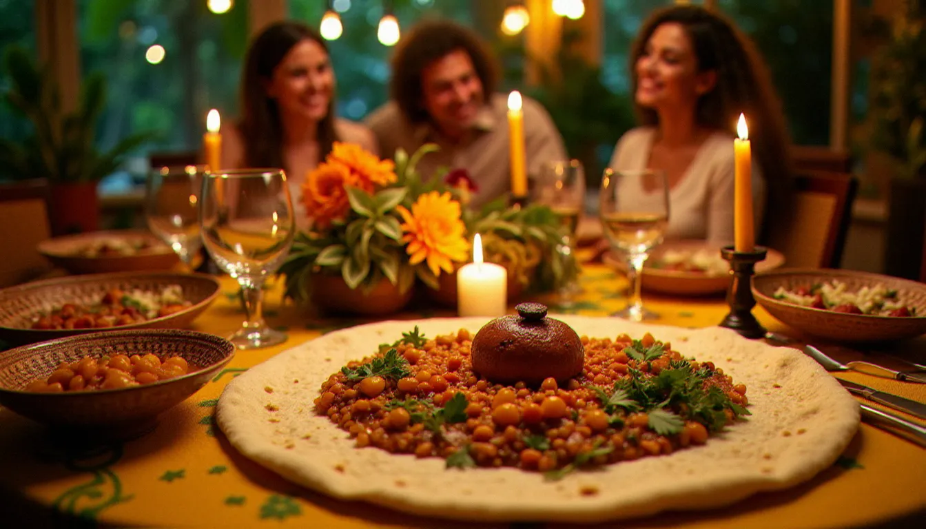 Table de réception de bar mitzvah dans un restaurant éthiopien avec injera et plats traditionnels colorés, décorée de textiles brodés et de bougies dans une ambiance festive chaleureuse