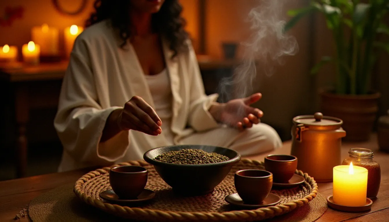 Cérémonie traditionnelle du café éthiopien avec une femme en shema blanc torréfiant des grains de café vert sur un brasero, illustration de l'héritage culturel partagé entre l'Éthiopie et le bassin méditerranéen