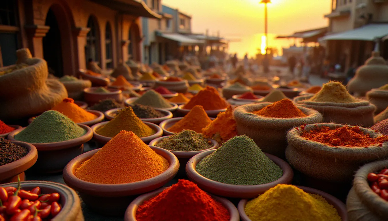 Marché d'épices éthiopiennes aux couleurs du bassin méditerranéen, avec des monticules de cumin, berbéré et coriandre dans des récipients en terre cuite sous une lumière dorée