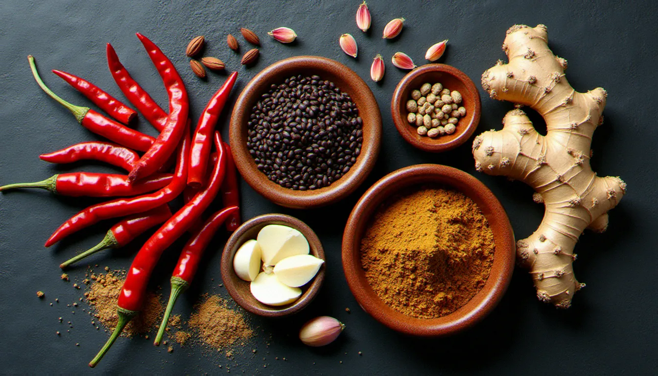 Ingrédients des épices éthiopiennes pour préparer le bisli, incluant berbere moulu, piments séchés, cardamome noire, gingembre frais et cumin sur une ardoise sombre