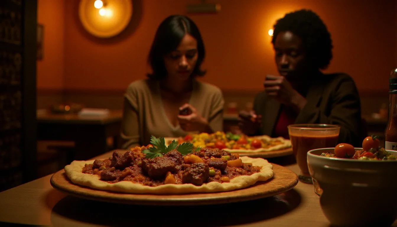 Repas éthiopien authentique avec bisli et accompagnements colorés servis sur injera dans un mesob tressé traditionnel, ambiance chaleureuse et intime d'un restaurant éthiopien à Paris