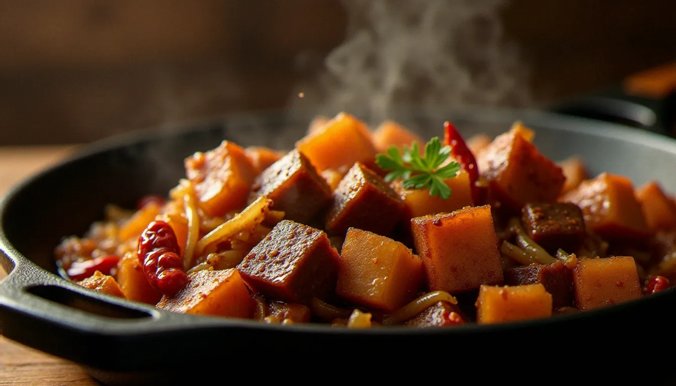 Bisli éthiopien traditionnel, morceaux de bœuf épicés et dorés dans une poêle en fonte avec des épices berbere, oignons caramélisés et piments rouges