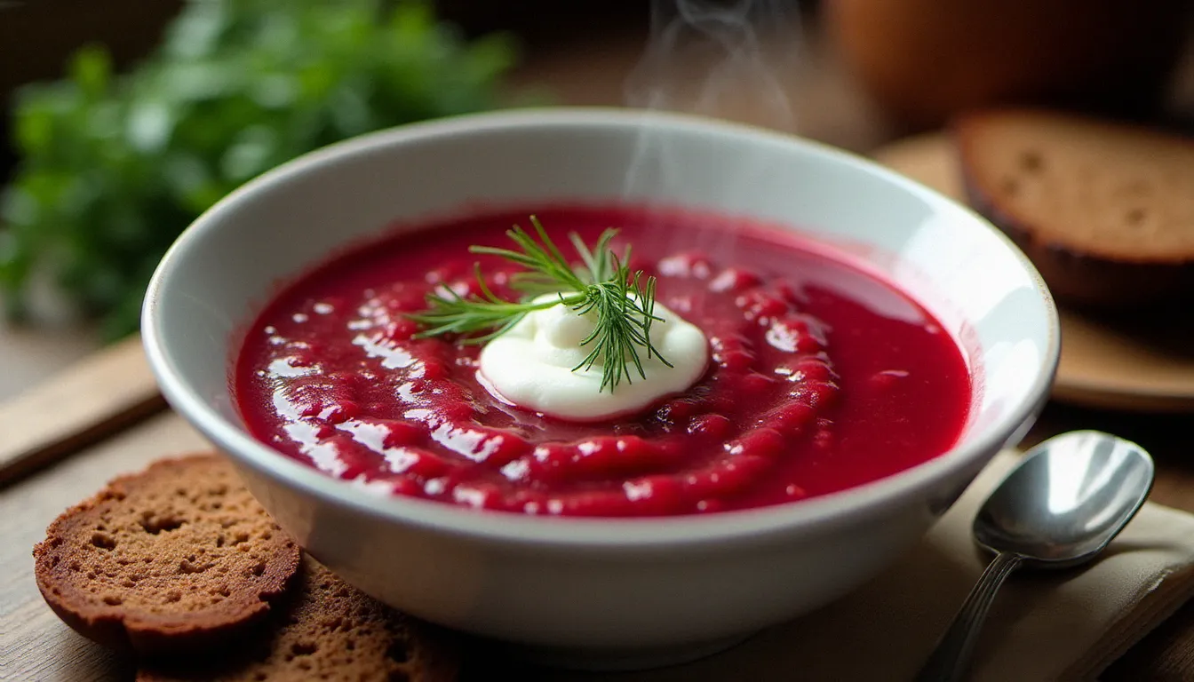 Bol de bortsch traditionnel d'un rouge profond, garni de smetana et d'aneth frais, servi sur une table en bois rustique