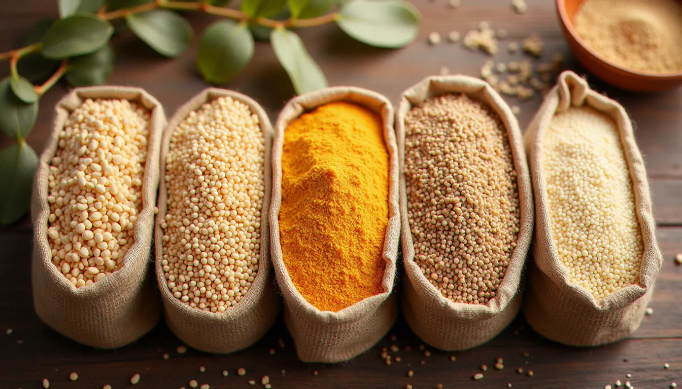 Vue aérienne de différentes céréales complètes dont le boulghour, le teff éthiopien et le millet dans des sacs en jute sur un marché de producteurs