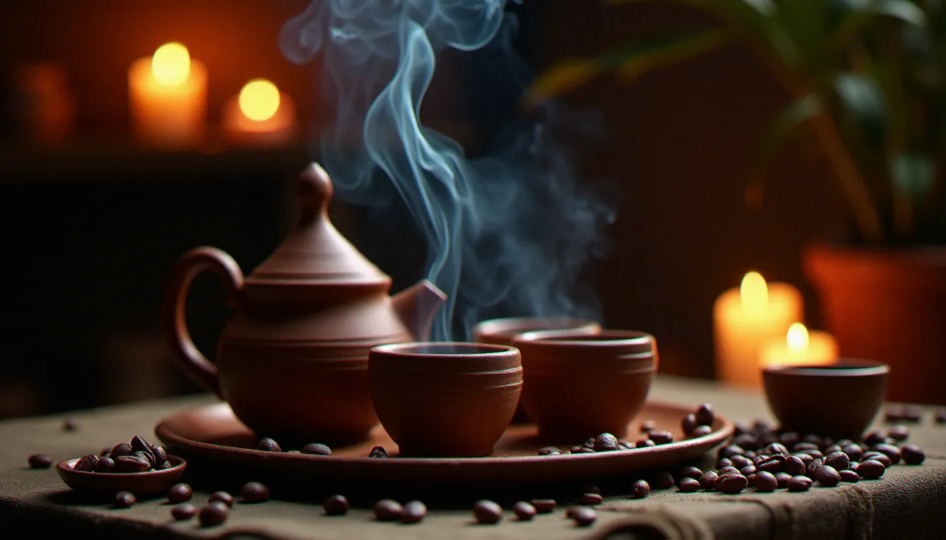 Cérémonie du café éthiopien avec une jebena en terre cuite versant du café dans des petites tasses, grains torréfiés et encens sur le côté