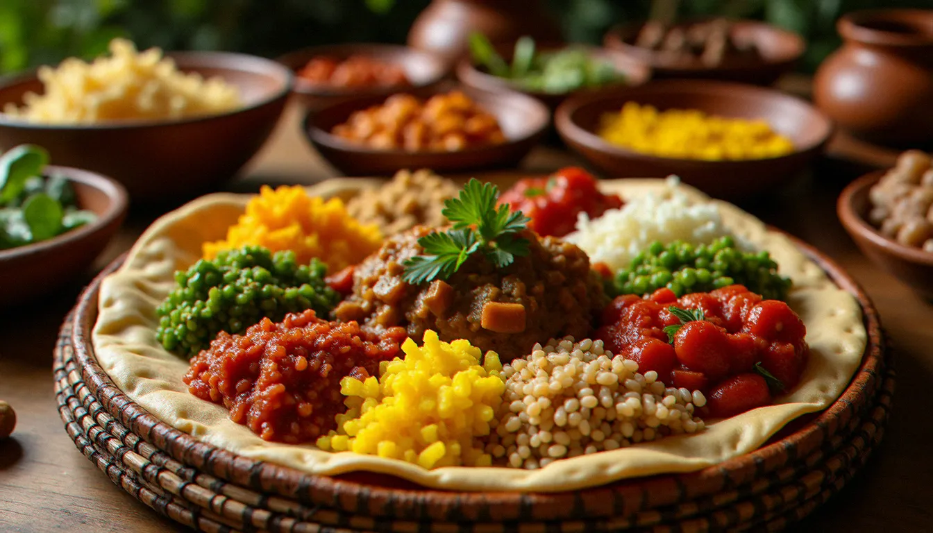 Grand plateau de cuisine éthiopienne avec injera fraîche et différents wats colorés disposés sur un mesob en osier tressé