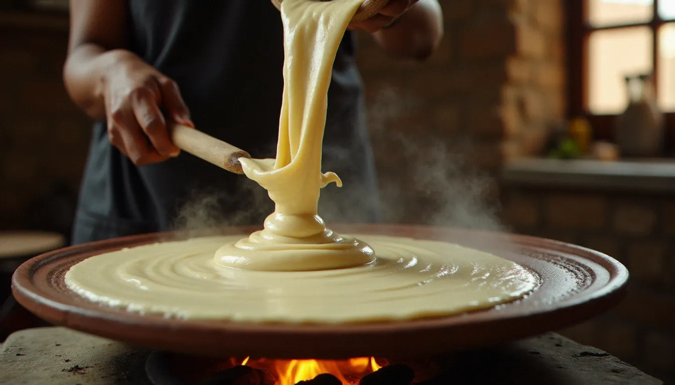 Femme éthiopienne versant la pâte d'injera en spirale sur une mitad en argile, illustrant la préparation traditionnelle du pain éthiopien